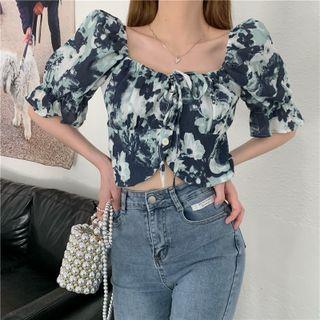 Square-neck Tie-dye Puff-sleeve Cropped Top