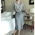 Set: Striped Long-sleeve Top + Midi Skirt