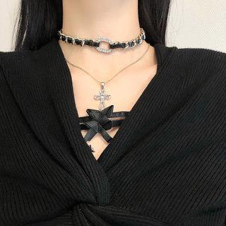 Set : Faux Leather Rhinestone Choker + Rhinestone Pendant Necklace Silver - One Size