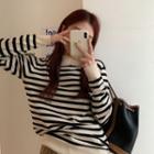 Long-sleeve Striped Knit Top Black Stripes - Off-white - One Size