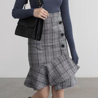 Plaid Ruffle Hem Pencil Skirt