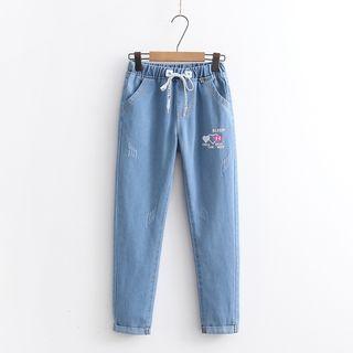 Heart Print Distressed Straight Leg Jeans