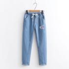 Heart Print Distressed Straight Leg Jeans