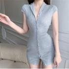 Plain Button-up Mini Bodycon Dress Gray - One Size