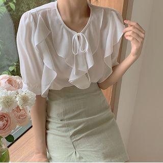 Short-sleeve Frill Trim Top / Skirt