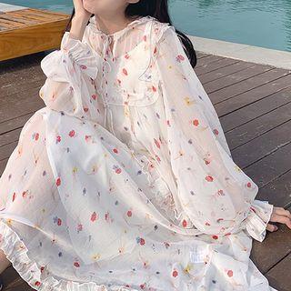 Set: Floral Print Long-sleeve Midi Chiffon Dress + Slipdress Set - White - One Size