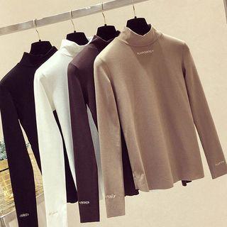 Mock-turtleneck Letter Embroidered Long-sleeve Top