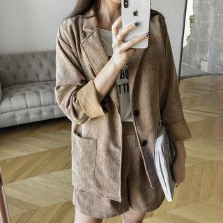 Set: Single-breasted Corduroy Blazer + Band-waist Shorts