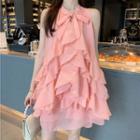 Sleeveless Ruffled Chiffon Dress Pink - One Size