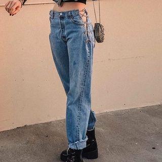 Chain Strap Straight-cut Jeans