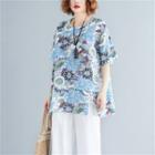 Elbow-sleeve Floral Print T-shirt Floral - Blue & White & Navy Blue - One Size