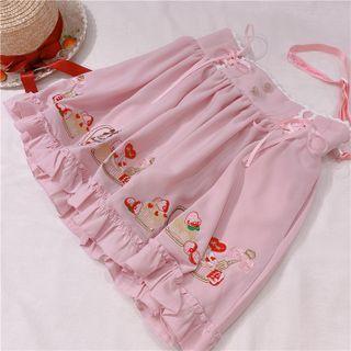Puff-sleeve Blouse / Cartoon Embroidered A-line Skirt