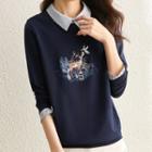 Deer Embroidered Collared Sweatshirt