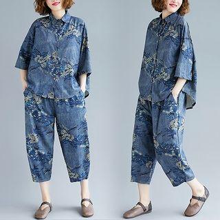 Set: Floral Print Elbow-sleeve Shirt + Printed Capri Tapered Pants As Shown In Figure - One Size