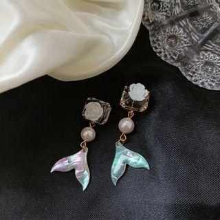 Rose Resin Faux Pearl Mermaid Tail Dangle Earring 1 Pair - Silver Pin - Blue - One Size