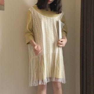 Set: 3/4 Sleeve T-shirt Dress + Fringe Hem Lace Tank Dress