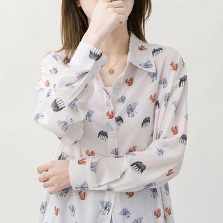 Animal Print Long-sleeve Chiffon Blouse As Shown In Figure - One Size