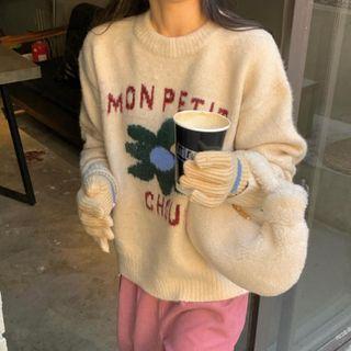 Long-sleeve Printed Knit Sweater Almond - One Size