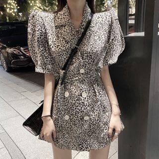 Puff-sleeve Double Breasted Leopard Print A-line Mini Dress Leopard - One Size