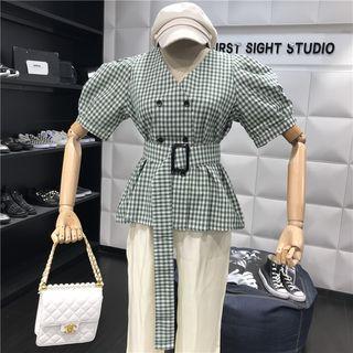 Elbow-sleeve Plaid Double Breasted Belted Top