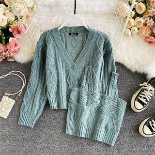 Set: V-neck Cable-knit Cardigan + Camisole