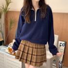 Lettering Half-zip Sweatshirt / Plaid Pleated Mini A-line Skirt