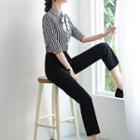 Elbow-sleeve Patterned Ribbon Shirt / Mini Pencil Skirt / Dress Pants / Set
