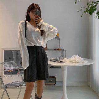 Rollup-hem Striped Wide-leg Shorts