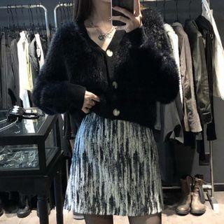 Fluffy V-neck Cardigan / Mini A-line Skirt
