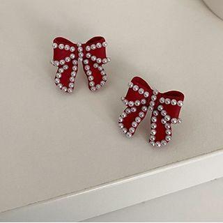 Faux Pearl Bow Ear Stud 1 Pair - Black - One Size