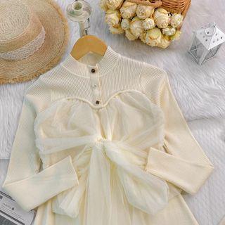 Mock-neck Mesh Panel Knit Midi A-line Dress