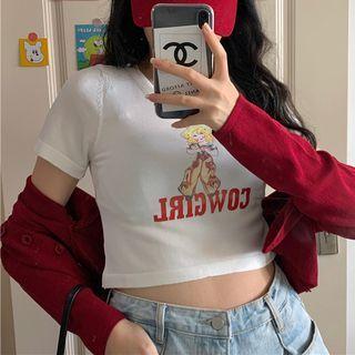 Cartoon Print Cropped T-shirt / Cardigan
