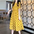 Short-sleeve Polka Dot A-line Midi Dress Yellow - One Size