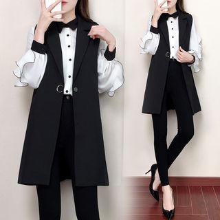 Long-sleeve Ruffle Trim Shirt / Button Vest / Skinny Pants
