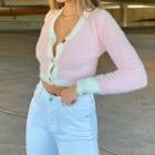Color Panel Long-sleeve Cropped Cardigan Pink - One Size