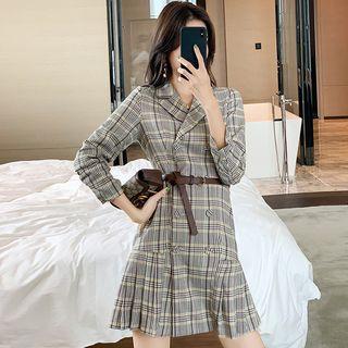 Long-sleeve Double-breasted Plaid A-line Coat Dress
