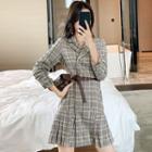 Long-sleeve Double-breasted Plaid A-line Coat Dress