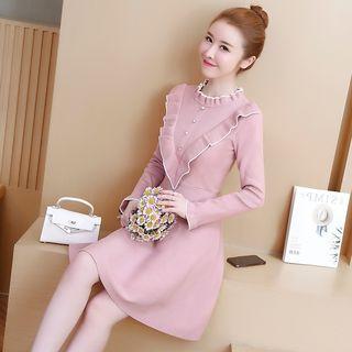 Long-sleeve Ruffle-trim Mini A-line Knit Dress
