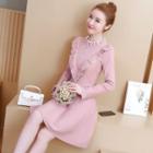 Long-sleeve Ruffle-trim Mini A-line Knit Dress