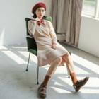 Bow Neck Long-sleeve A-line Knit Dress Almond - One Size
