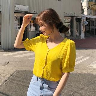 Puff-sleeve Fuax-pearl Button Blouse