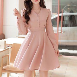 Puff-sleeve Faux-pearl Flare Dress