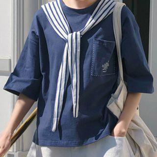 Set: Pocket Detail Elbow-sleeve T-shirt + Striped Cape Sapphire Blue - One Size