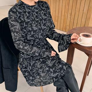 Bell-sleeve Crystal-pleated Floral Dress With Sash