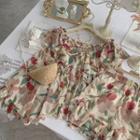 Set: Floral Ruffle Trim Long-sleeve Blouse + Wide-leg Shorts