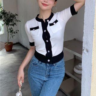 Round-neck Button Up Knit Top White - One Size