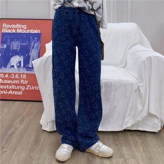 High Waist Heart Print Straight Leg Jeans