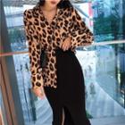 Long-sleeve Leopard Print Shirt / Midi Slit Knit Skirt