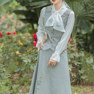 Tie Neck Shirt / A-line Midi Skirt / Vest / Set