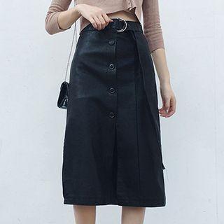 Buttoned Faux Leather A-line Midi Skirt